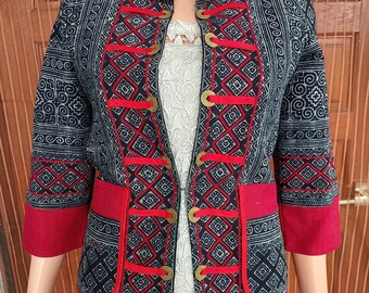 Handmade Hmong Batik Jacket with Red Hemp and Gold Dragon Coins, Ethnic Boho Tribal Fashion, Handmade ethnic jacket, Hmong batik coat.
