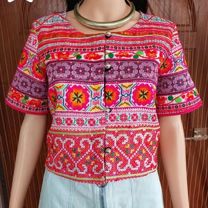 Hand-Embroidered Hmong Crop Top: Ethnic Boho Festival Blouse