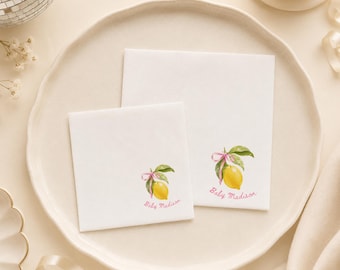 Pink Lemon Baby Shower Napkins, Personalized Lemon Baby Name Decor, Citrus Party Favor
