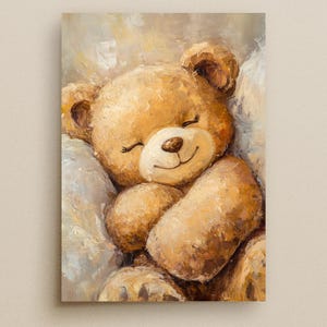 Arte mural de osito durmiendo (PDF imprimible A4) - Decoración acogedora para habitación infantil con aspecto de pintura al óleo