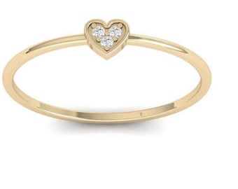 Heart Diamond Ring, Thin 14k Gold Band with a Heart Diamond, Stacking Heart Gold Band, Dainty Heart Gold Ring, Solid Gold Band Ring