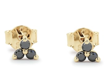 Black Diamond Trio Tiny Stud Earrings in 14k Solid Gold / Simple Three Triple Black Diamond Cluster Studs Earring / Tiny Black Diamond Studs