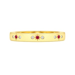 Ruby Diamond Band Ring, Celestial Starburst Ring, 14K Solid Gold Minimalist Gold Stackable Ring, Dainty Ruby Diamond Wedding Band