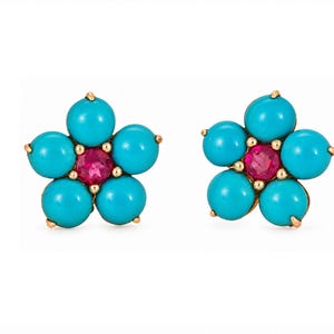 Certified Turquoise Flower Stud Earrings with Ruby Centers, 14K Solid Yellow Gold Floral Jewelry, Gift for Her
