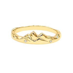 14K massief gouden bergring, minimalistische natuurdiamantring, sierlijke landschap gouden band, unieke stapelbare beloftering cadeau voor haar