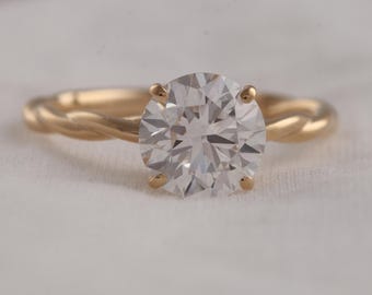 Runder im Labor gewachsener Diamant-Verlobungsring, 14K Massivgold Twisted Vine-Ring, runder brillanter Diamantring, Solitär-Diamantring für Frauen