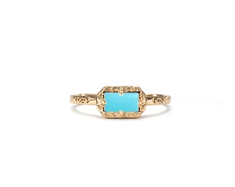 Art Deco Unique Baguette Cut Turquoise Ring, 14K Solid Gold Vintage Dainty Band, Minimalist Stackable Ring, December Birthstone Jewelry