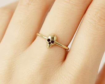 Large Skull Black Stone Eyes Ring, 14K Solid Gold Skeleton Ring, Boho Jewelry Sterling Skull Ring, Halloween Jewelry Gift Ring, Skull Ring