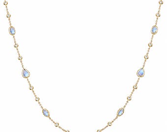 14K Solid Gold Rainbow Moonstone & Diamond Station Necklace, Dainty Bezel-Set Gemstone Necklace, Gift for Her