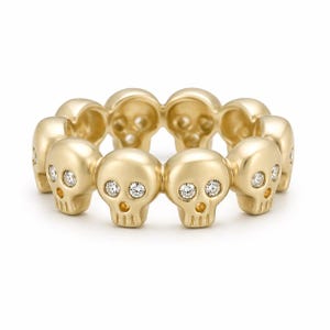 Anillo de calavera con diamante natural, anillo minimalista de oro macizo de 14 quilates con diseño de calavera, delicado anillo apilable de oro, regalo de joyería fina gótica para ella.