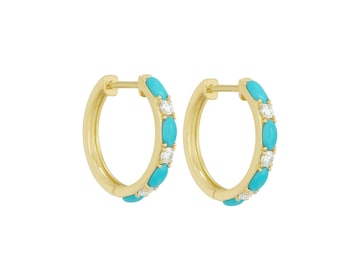 Natural Turquoise Hoops Diamond Earrings, Dainty Gold Hoops, Minimalist Handmade Jewelry, Birthday Gifts Earrings, 14k Solid Gold Earrings,