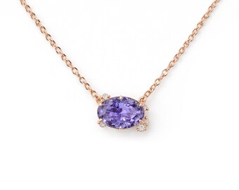14K Solid Gold Oval Cut Natural Tanzanite Solitaire Charm Necklace with Diamond Accents, Minimalist Purple Gemstone Pendant Birthstone Gifts