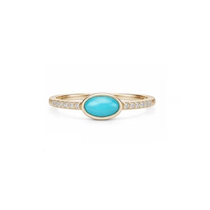 Natural Turquoise Ring 14K Solid Gold, Oval Bezel Set Diamond Band, Minimalist Dainty Stackable Ring, December Birthstone Jewelry
