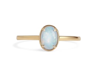 Oval Opal Ring, 14K Solid Yellow Gold Dainty Opal Ring, Natural October Birthstone Jewelry, Minimalist Gold Band, Fine Jewelry Gift for Her