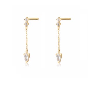 以下が含まれることがあります： ゴールドカラーのドロップイヤリングのペア。各イヤリングは、上部に小さなクリアな宝石のクラスター、繊細なチェーン、下部に洋梨型の宝石が特徴です。イヤリングは白い背景に表示されています。