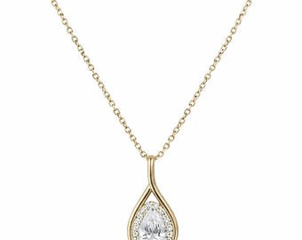 May include: A gold necklace featuring a teardrop-shaped pendant. The pendant has a central pear-cut clear stone surrounded by a halo of small round clear stones, set within a smooth gold frame that tapers into a single bail at the top.