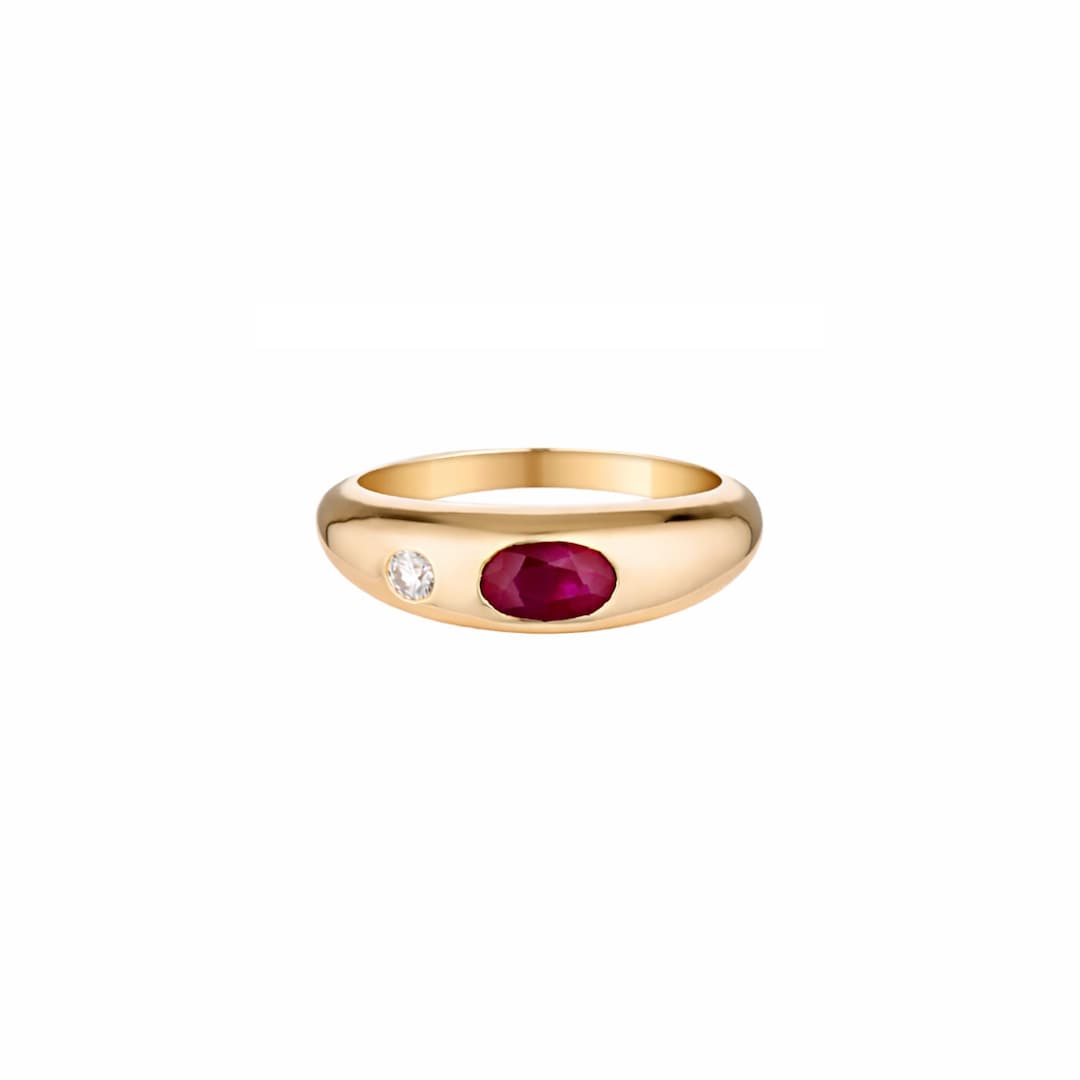 14K Solid Gold Ruby & Diamond Ring, Natural Oval Cut Ruby Flush Set ...