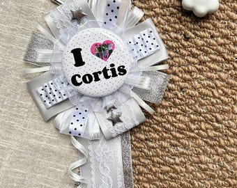 Silver Ribbon Corsage, Custom Button Badge Holder, Handmade Brooch Pin, Ita Bag Charm, Kpop Fan Support Gift