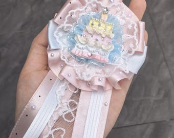 Handmade Birthday Cake Corsage, Birthday Ribbon Rosette, Rhinestone Birthday Brooch, Celebration Party Pin, Personalized Birthday Gift