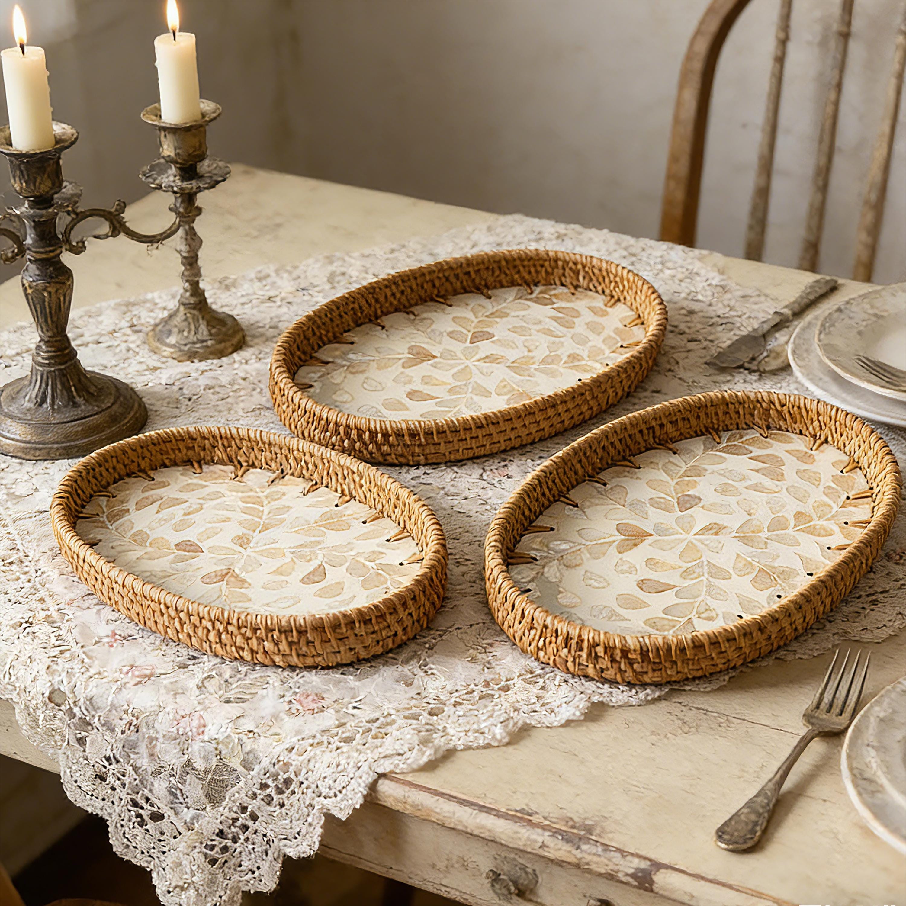 Handwoven Rattan Shell Tray – Boho Wicker Serving & Storage Basket ...
