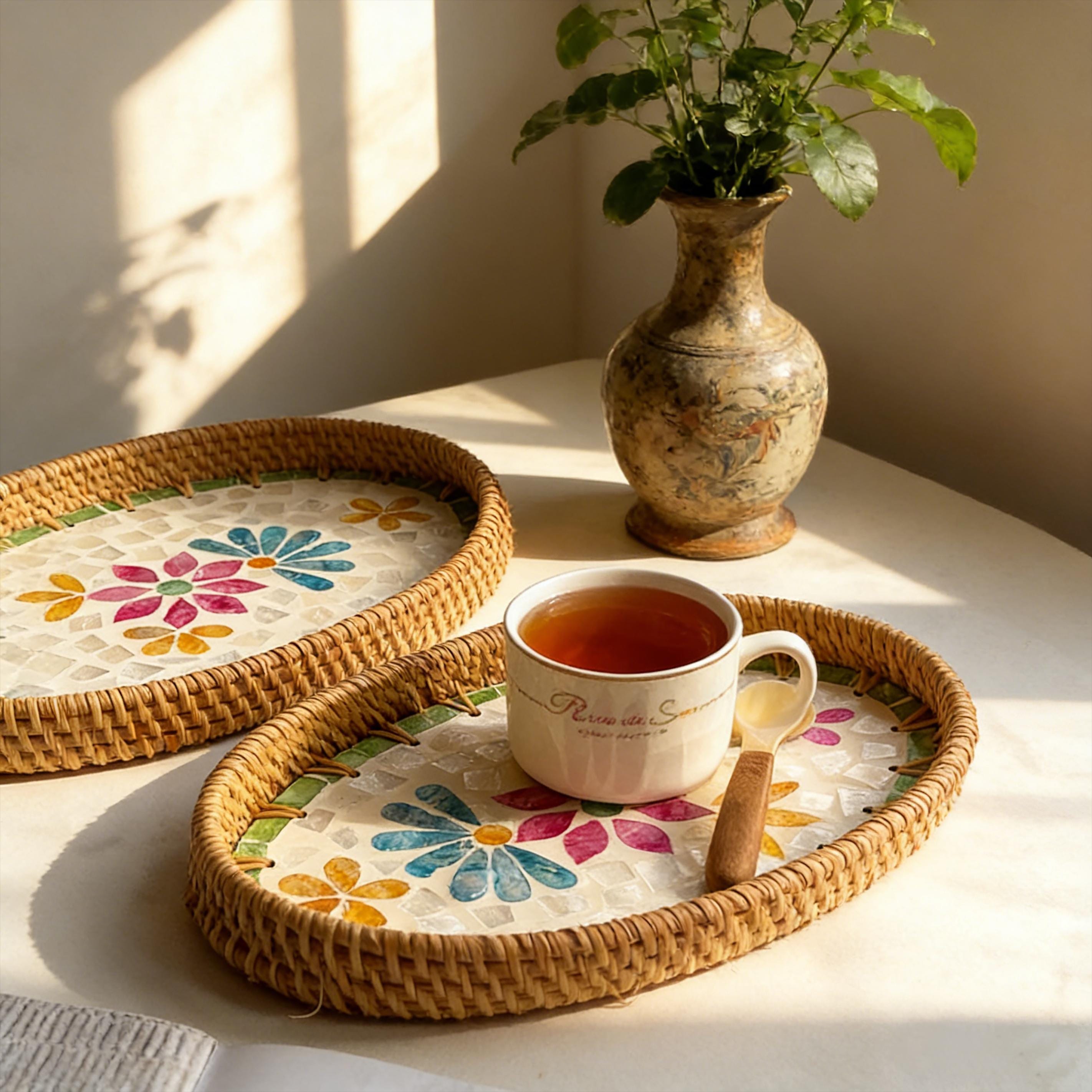 Handwoven Rattan Shell Tray – Boho Wicker Serving & Storage Basket ...