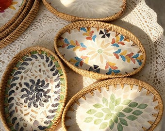 Handgewebtes Rattan Shell Tablett - Boho Weide Servier- & Aufbewahrungskorb, Home Decor