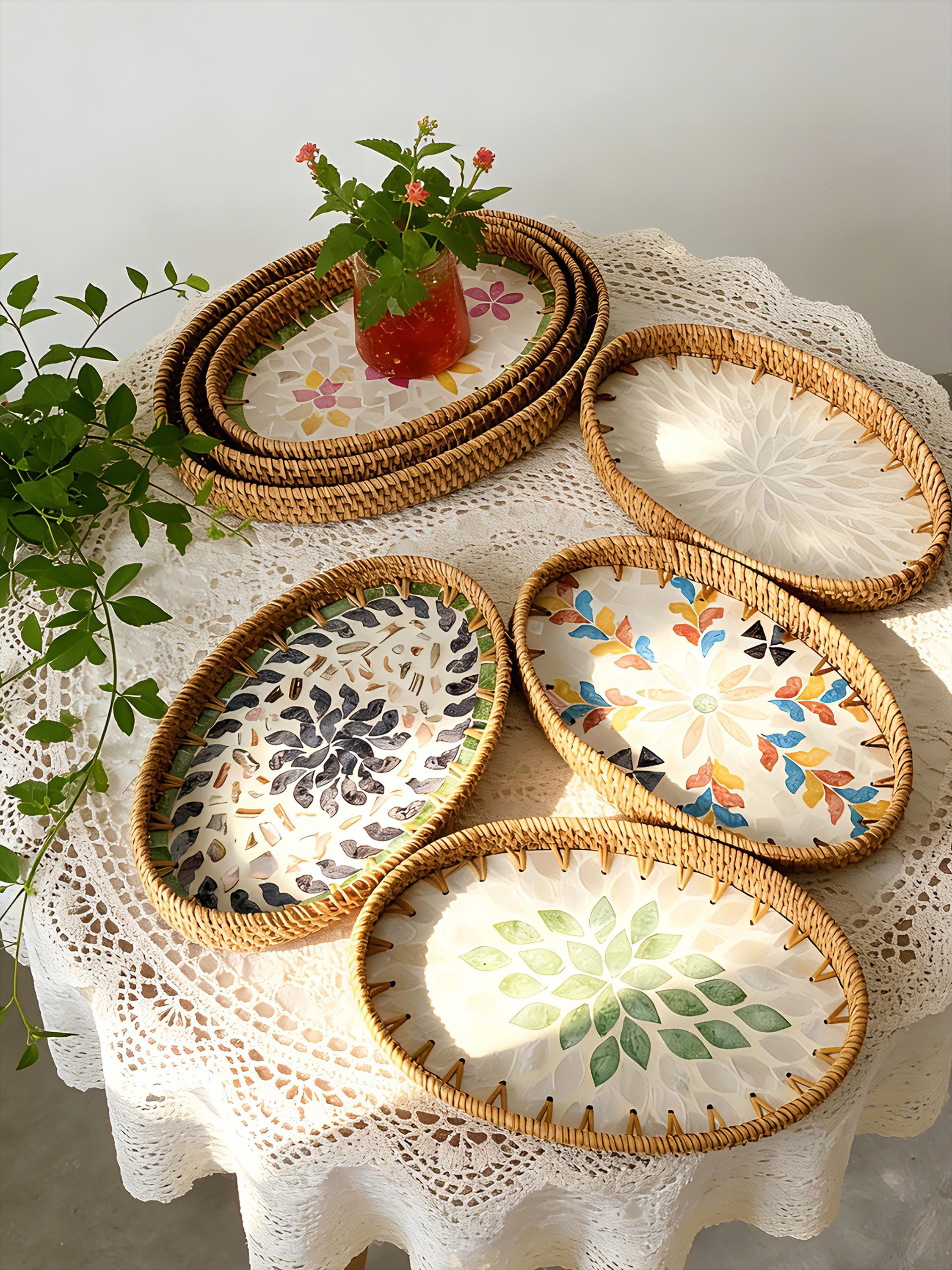 Handwoven Rattan Shell Tray – Boho Wicker Serving & Storage Basket ...