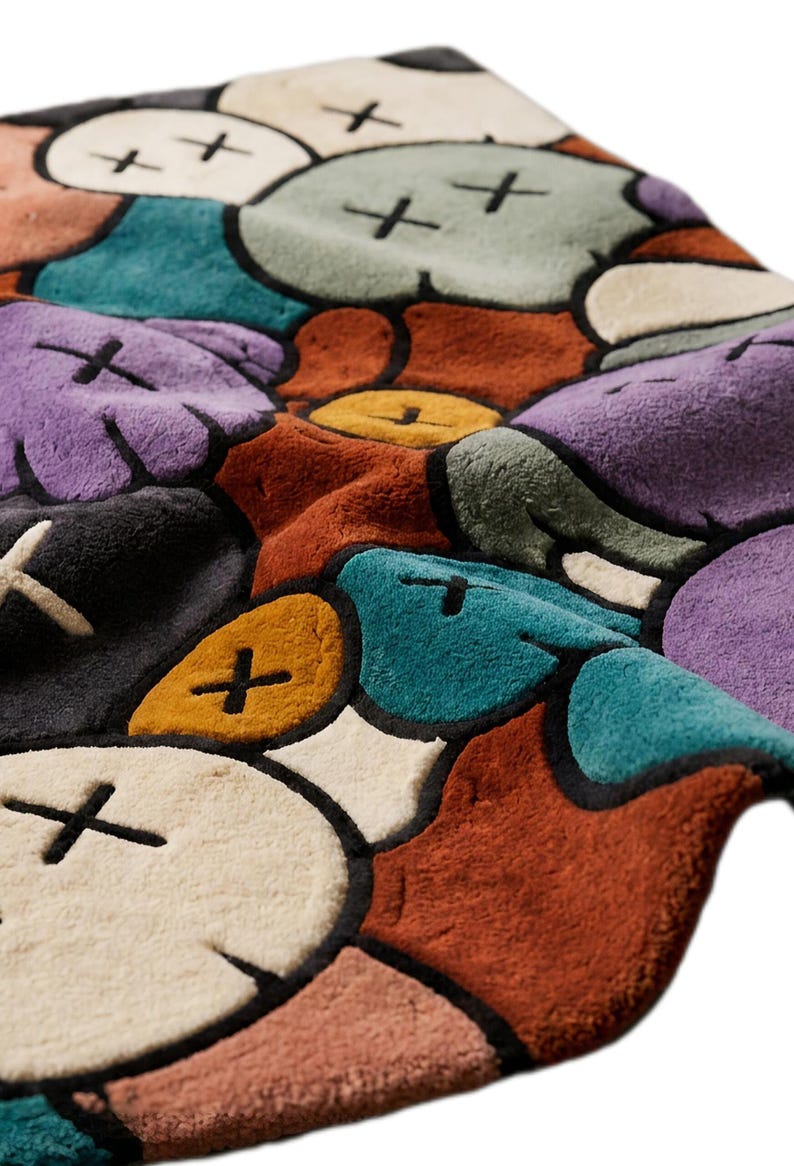Alfombra abstracta hecha a mano con mechones, alfombra de estudio moderna y colorida inspirada en KAWS. imagen 4