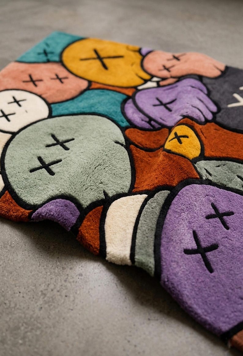 Puede incluir: Una alfombra de felpa con un vibrante patr&oacute;n abstracto multicolor de formas redondeadas. Cada forma contiene un s&iacute;mbolo de 'X' negro en lugar de ojos. La paleta de colores incluye tonos amarillos, morados, verde azulado, naranjas, verdes y crema, todos delineados en negro.