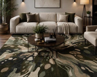 Alfombra abstracta hecha a mano, color verde oliva y beige, diseño de camuflaje, decoración moderna y artística para el suelo.