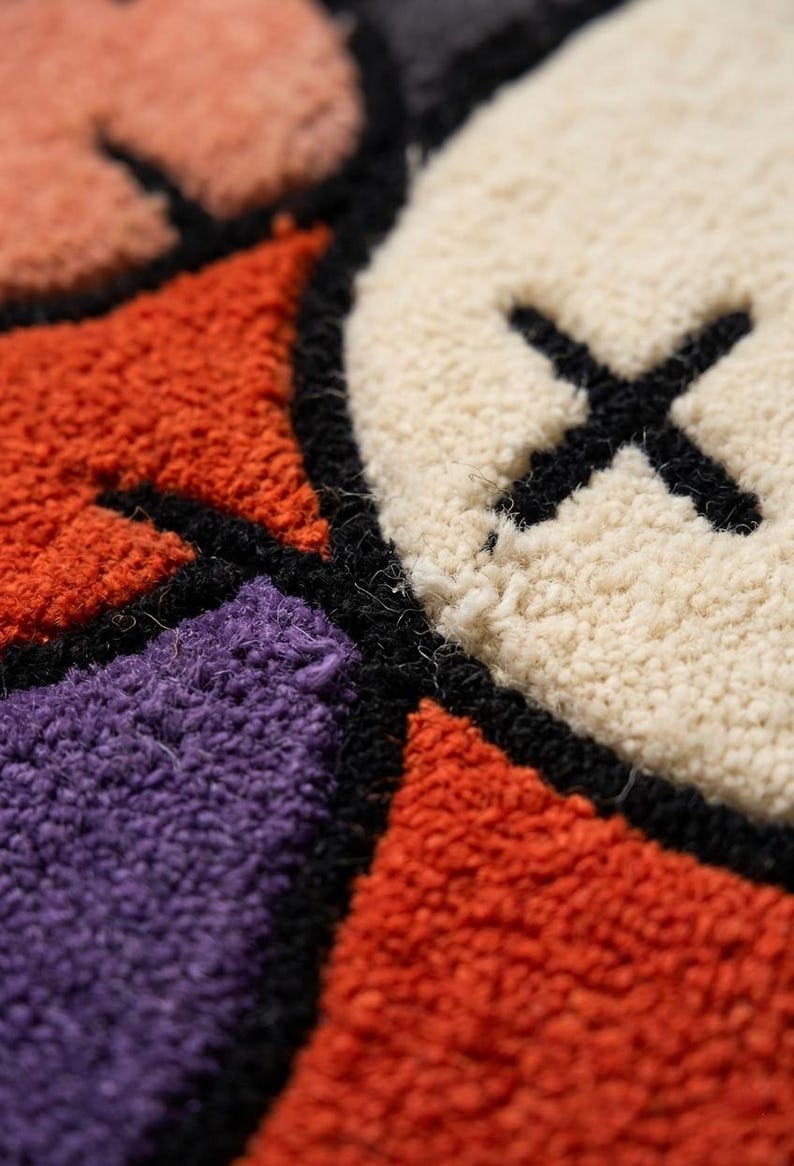 Puede incluir: Una alfombra de mechones con una superficie texturizada y bloques de colores geom&eacute;tricos en naranja, morado y crema. El dise&ntilde;o incluye una forma circular de color crema marcada con una X negra cosida, todo delineado con hilo negro grueso.