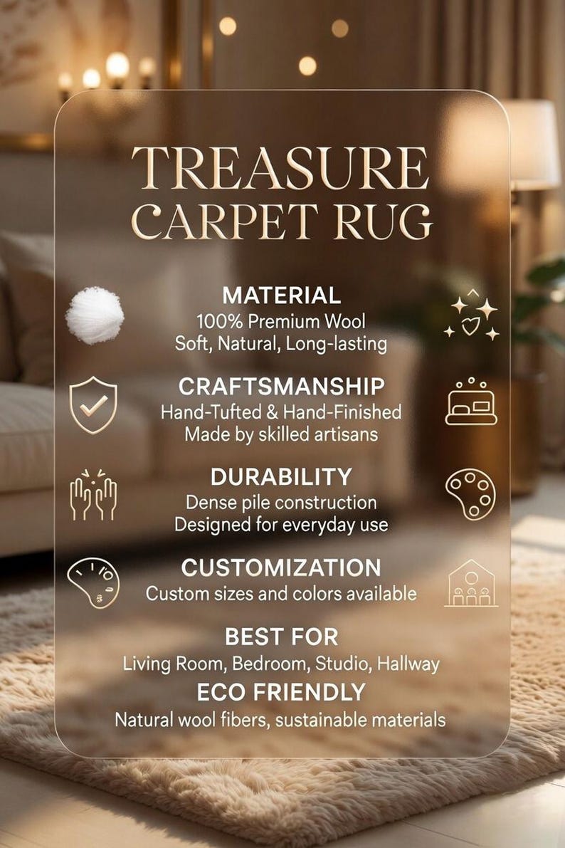 Puede incluir: Una infograf&iacute;a rectangular titulada TREASURE CARPET RUG con detalles sobre material, artesan&iacute;a, durabilidad, personalizaci&oacute;n y caracter&iacute;sticas ecol&oacute;gicas. El fondo muestra una alfombra de lana de pelo largo y color claro.