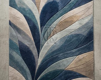 Alfombra botánica de lana tallada a mano, diseño abstracto de hojas en azul turquesa y beige, alfombra para sala de estar de 1,2 x 1,8 metros.