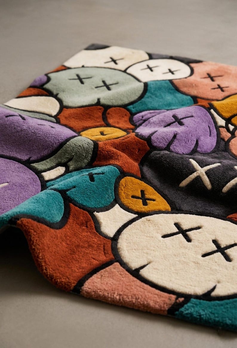 Puede incluir: Una alfombra rectangular con un patr&oacute;n multicolor de formas redondeadas similares a nubes. Cada forma contiene dos marcas de X negras bordadas como ojos. La paleta de colores incluye tonos crema, verde azulado, morado, naranja y gris oscuro, todo delineado en negro.