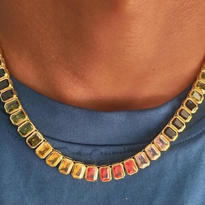 925 silver Lab multi Sapphire octagon bezel Tennis Necklace,gold plated Lab Sapphire Gemstone Necklace Birthstone Necklace,Mom Birthday Gift
