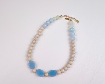 The Yara - Neutral & Blue Trendy Beaded Necklace - 15" w/ Extender - The Perfect Gift