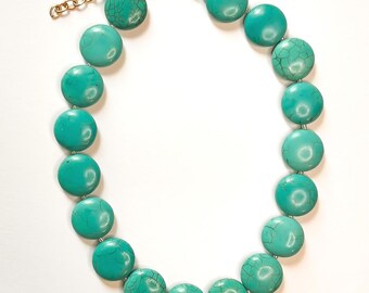 The Maren - Turquoise Beaded Necklace with Blue Spacer Beads - Handmade Statement Necklace - Coastal Jewelry Gift for Her
