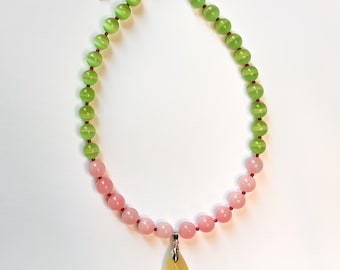 The Rosie - Pink & Green Beaded Necklace with Pendant - Handmade Statement Necklace - Colorful Jewelry Gift for Her