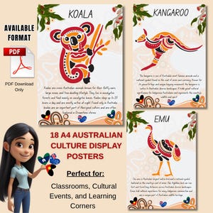 Puede incluir: Un conjunto de 18 pósteres A4 de exhibición de la cultura australiana con ilustraciones de un koala, un canguro y un emú. Diseñado para aulas, eventos culturales y rincones de aprendizaje. Descarga en PDF disponible.