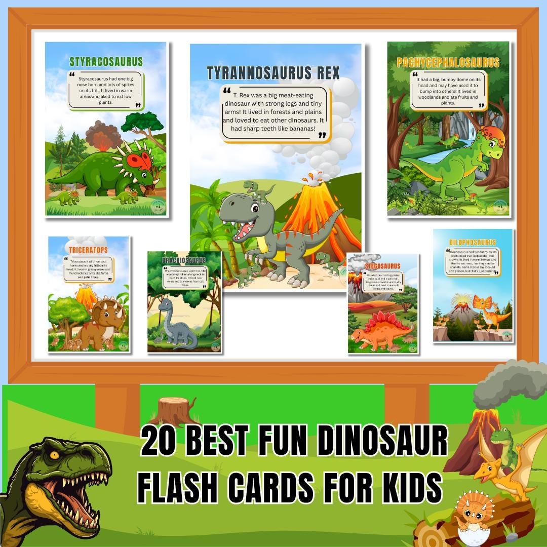 20 Best Fun Dinosaur Flash Cards for Kids – Learn, Play & Roar with Dino Facts | Dinosaur Posters Party Theme (PDF)