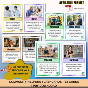 Puede incluir: Una descarga en PDF con tarjetas didácticas sobre los trabajadores de la comunidad. Las tarjetas incluyen profesiones como médico, enfermera, paramédico, oficial de policía, bombero, constructor, maestro y bibliotecario. Cada tarjeta tiene una imagen y una descripción.