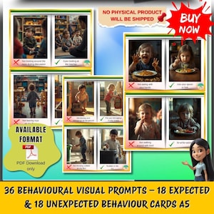 May include: A digital download product featuring 36 behavioral visual prompts, including 18 expected and 18 unexpected behavior cards. The cards show children in various scenarios, with text prompts and checkmarks or crosses. The product is available in PDF format.
