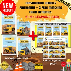 Paquete de tarjetas didácticas sobre vehículos de construcción: actividades de emparejamiento para niños pequeños y preescolares (PDF)