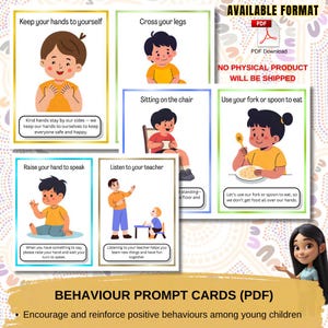 Puede incluir: Un conjunto de tarjetas de indicaciones de comportamiento coloridas para niños, con ilustraciones e instrucciones de texto. Las tarjetas incluyen frases como "Mantén tus manos para ti" y "Cruza las piernas". Disponible en formato PDF.