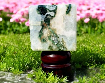 Cubo de ágata musgosa verde - 75 mm, decoración de cristal curativo