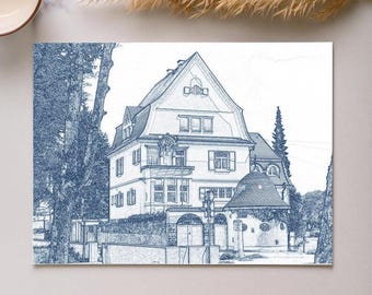 May include: A blue and white architectural sketch print of a large house with multiple stories, dormers, and a rounded turret. The drawing style gives the impression of a vintage blueprint.