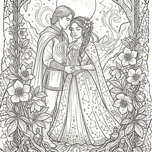 May include: A black and white illustration of a couple in an embrace, set within a floral and tree-filled scene. The image features the text "LE CH&Egrave;VREFUILLE DE NUIT Le Lien Intuitif". The woman's dress is decorated with stars, with a full moon in the background.