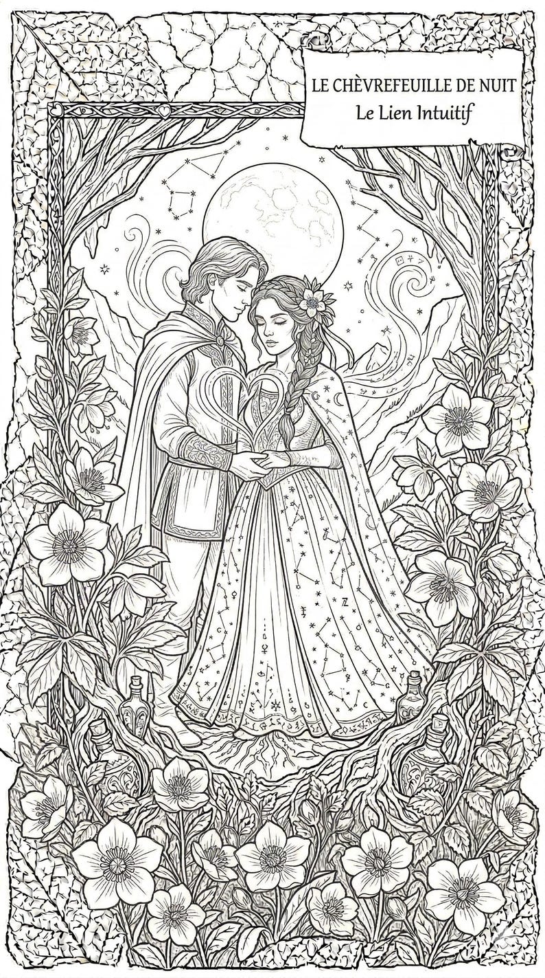 May include: A black and white illustration of a couple in an embrace, set within a floral and tree-filled scene. The image features the text "LE CH&Egrave;VREFUILLE DE NUIT Le Lien Intuitif". The woman's dress is decorated with stars, with a full moon in the background.