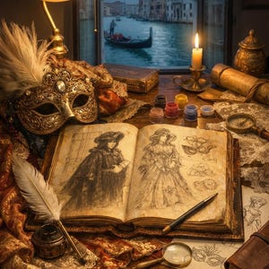 Pode incluir: Cena de escritório antigo com uma máscara dourada, uma vela acesa e um caderno de esboços aberto com desenhos. Uma pena, um tinteiro e uma lupa também estão presentes. O fundo mostra uma cena do canal veneziano.