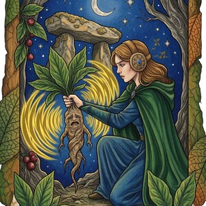 May include: An illustration of a woman holding a mandrake root, with the text "LA MANDRAGORE Le Cri de la Terre". The woman is dressed in a blue gown and green cloak, with a crescent moon and stars in the background. The mandrake has a sad expression.